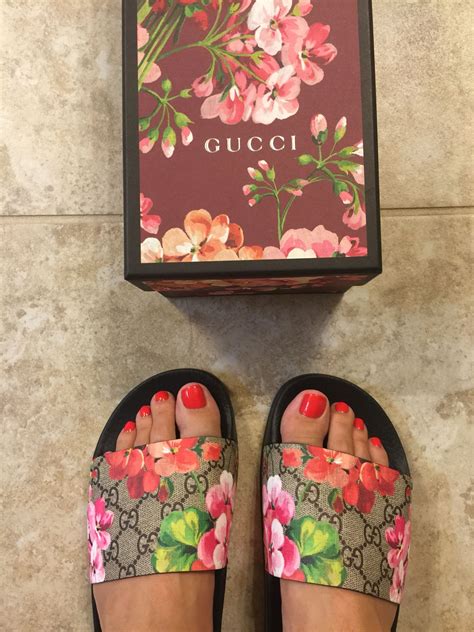 gucci slide blooms|Gucci floral slides outfit.